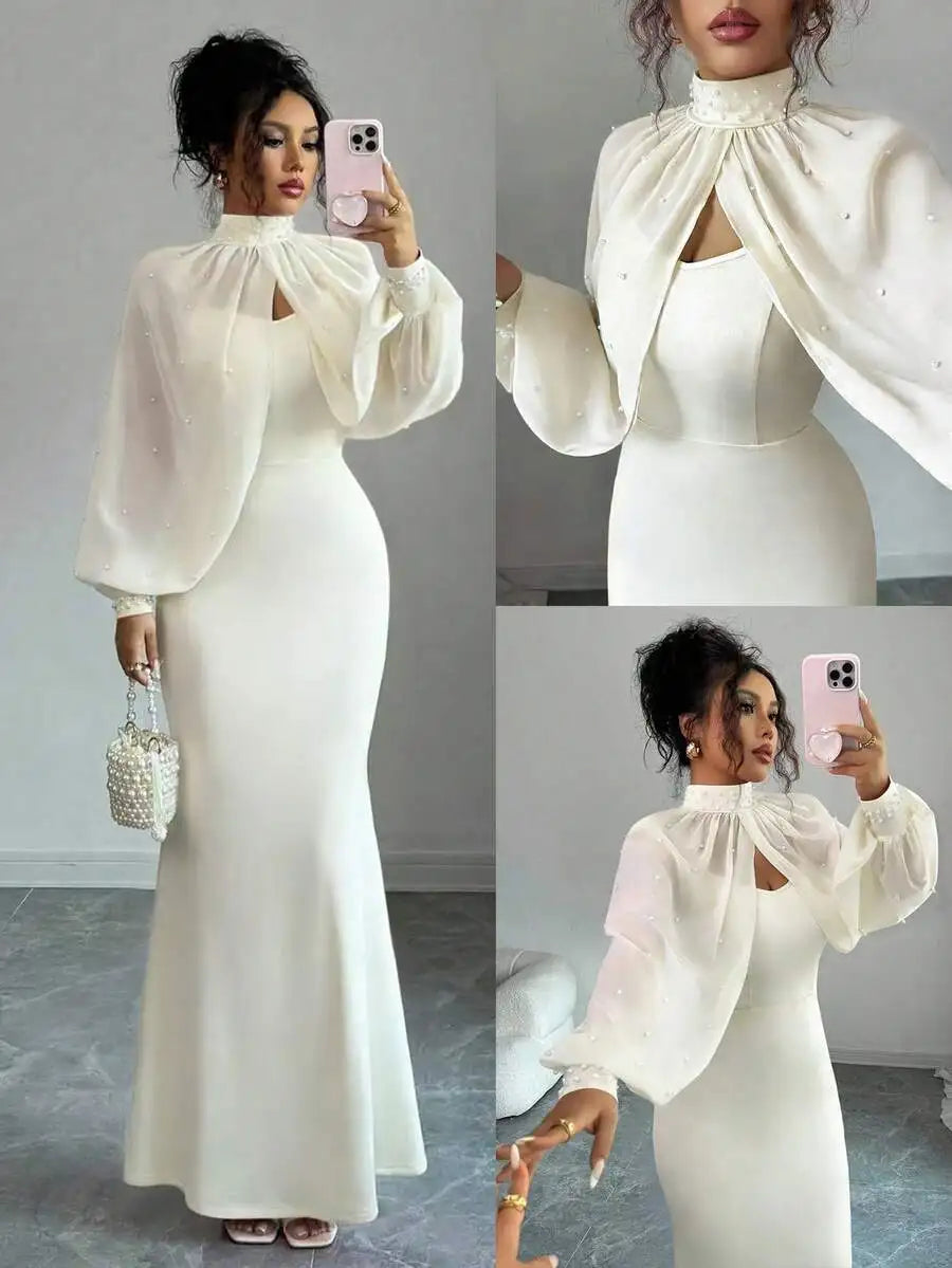 Elegant Bodycon Gown with Beaded Sheer Capelet Dress Set (10 colors available)