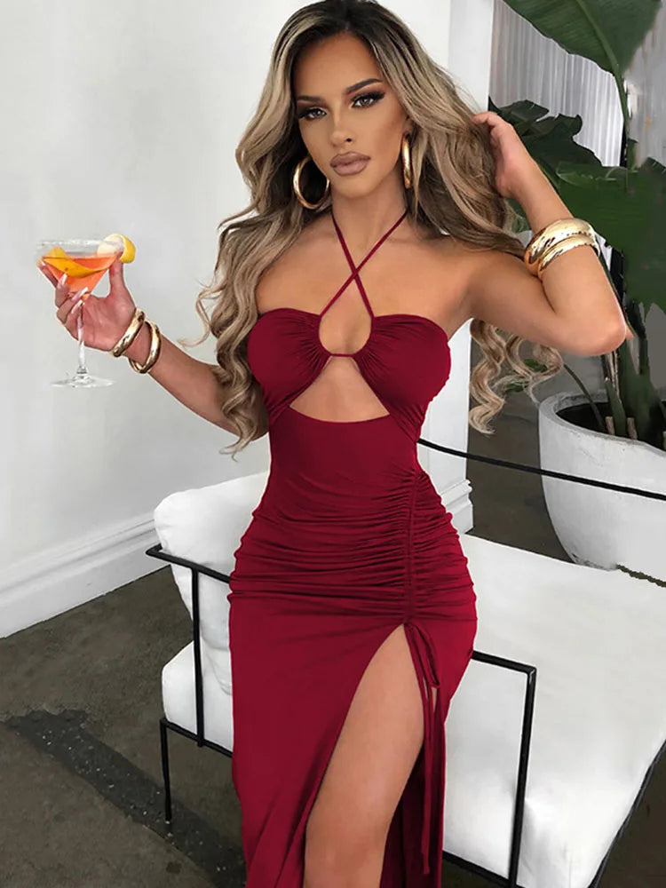Elegant Halter Twist - Mid-Backless Dress (4 colors available)