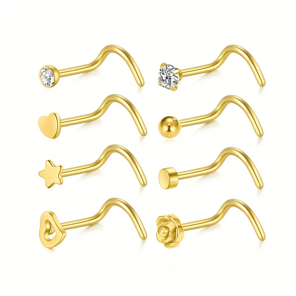 Trendy Nose Ring 8 Pc-Set Stainless Steel - Gold