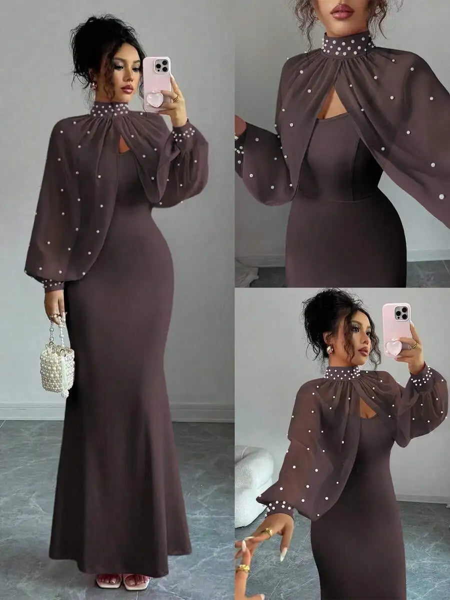 Elegant Bodycon Gown with Beaded Sheer Capelet Dress Set (10 colors available)