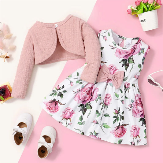 Infant/Toddler Girls Floral Dress - Ribbed Overcoat - 2pc Set (6mo-3yrs)