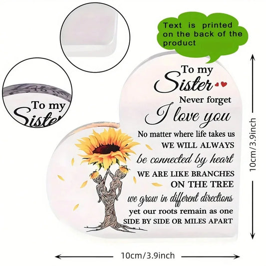 Keepsake Acrylic Heart-Shaped Decor Plaque - "To My Sister" Sunflower