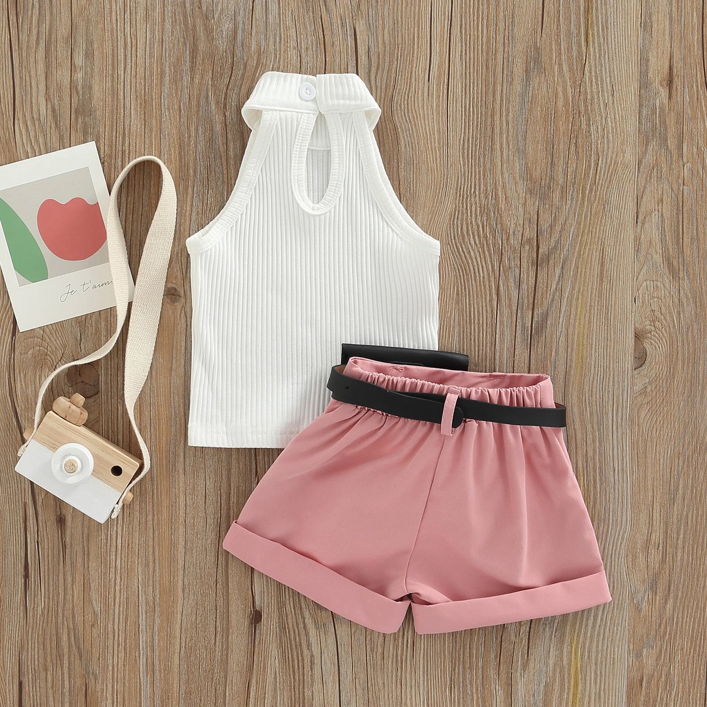 Toddler Girls Outfit Solid Color Ribbed Stand-Up Collar Top / Belted Shorts / Small Waist Pack 3pc-Set (9mo-4T)