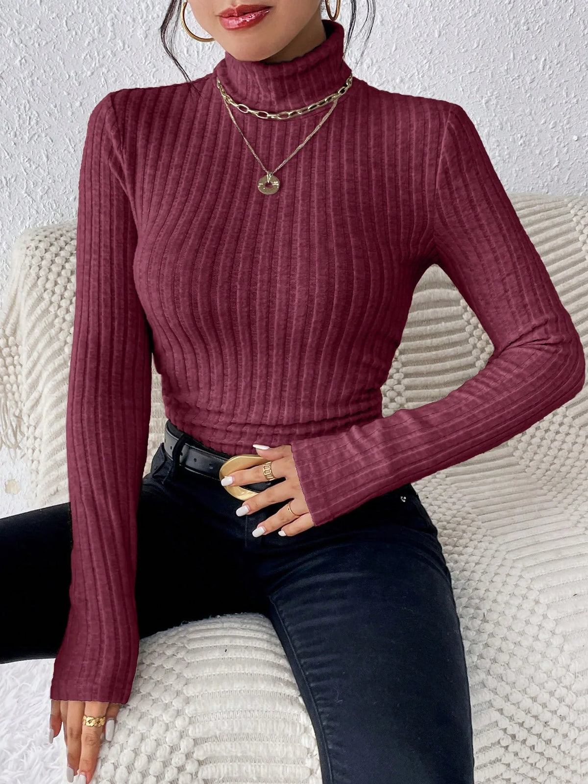 Autumn and Winter Women's Casual Top - High Neck / Long Sleeve / Slim Knit