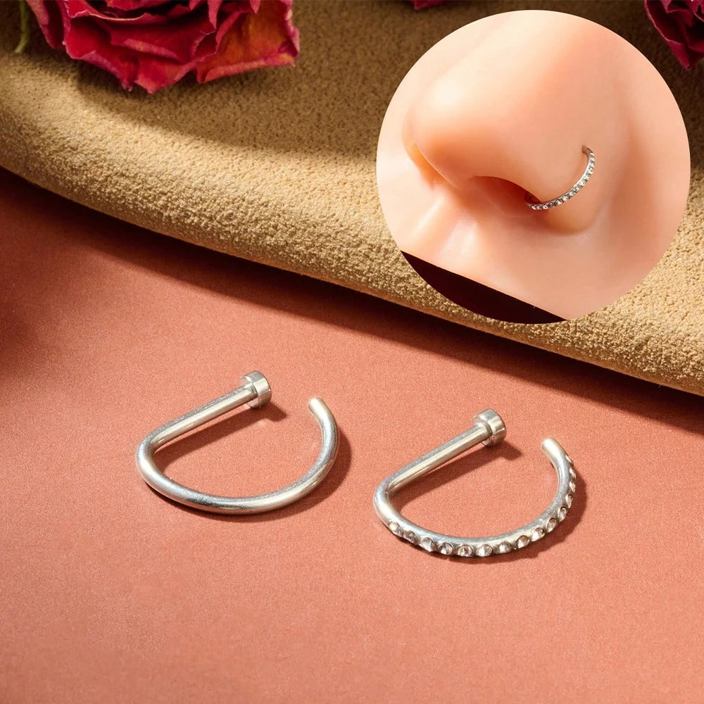 Stylish Fashion Nose Ring Non-Piercing 18G / D-Shaped 2pc Set - Stainless Steel (5 colors available)