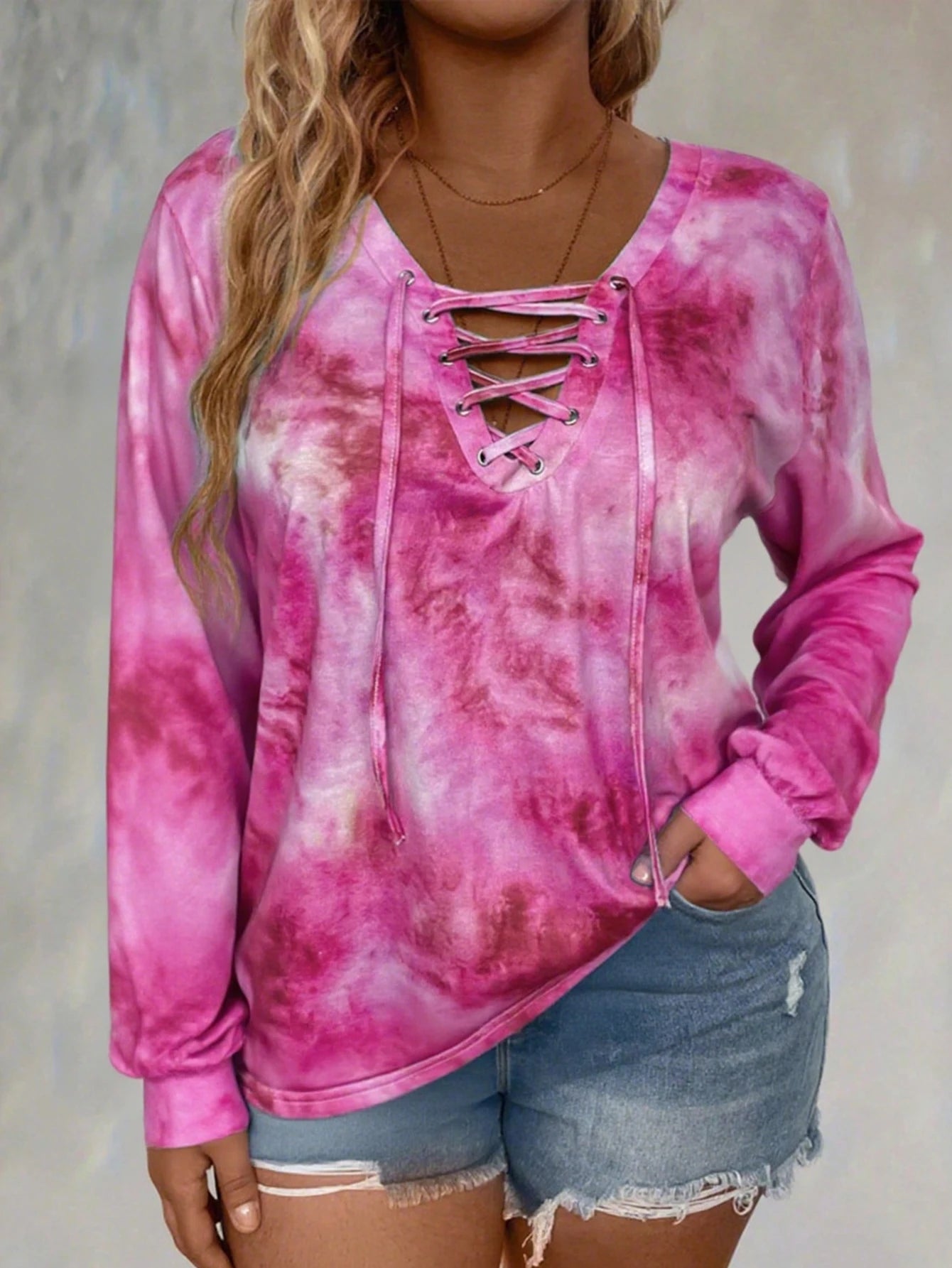 Plus Size Tie Dye Elegant Lace-Up Top