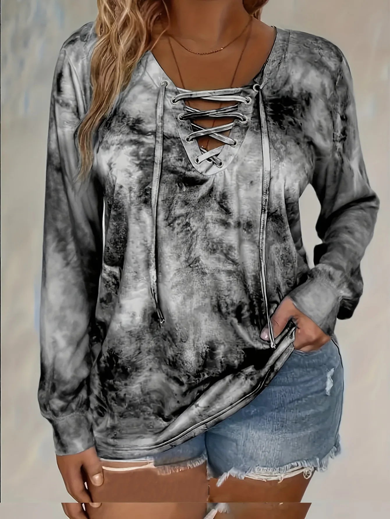 Plus Size Tie Dye Elegant Lace-Up Top