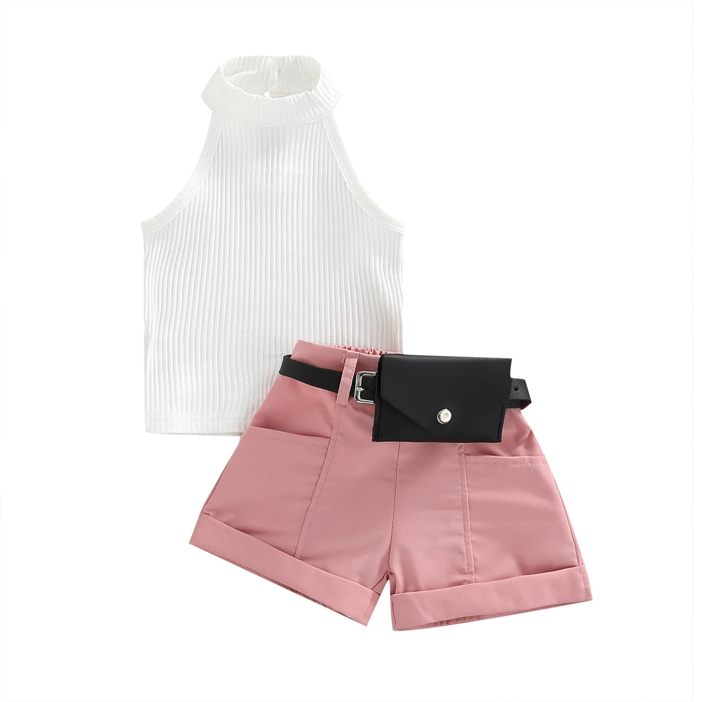 Toddler Girls Outfit Solid Color Ribbed Stand-Up Collar Top / Belted Shorts / Small Waist Pack 3pc-Set (9mo-4T)