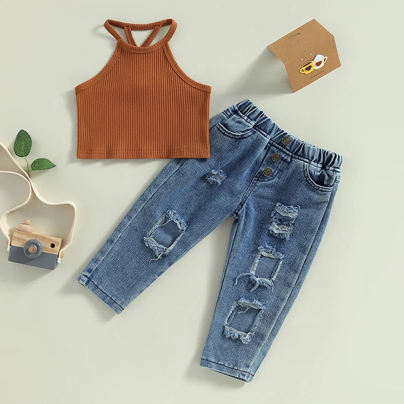 Toddler Girls 2pc-Set Summer Pants Outfit Sleeveless Camisole Elastic Waist Ripped Jeans (18mo-6yrs)