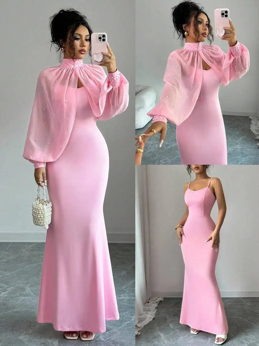 Elegant Bodycon Gown with Beaded Sheer Capelet Dress Set (10 colors available)
