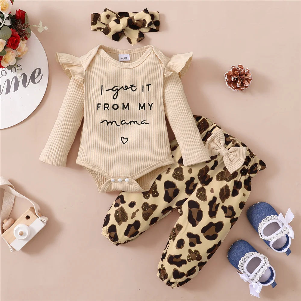 Infant/Toddler Girls Outfit 3pc-Set Long Sleeve Romper / Leopard Pants & Headband (Newborn-18months)
