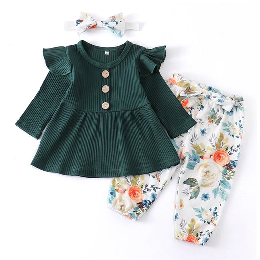 Infant/Toddler Girls 3pc-Set Long Sleeve Top - Floral Pants - Headband (3-24mo)