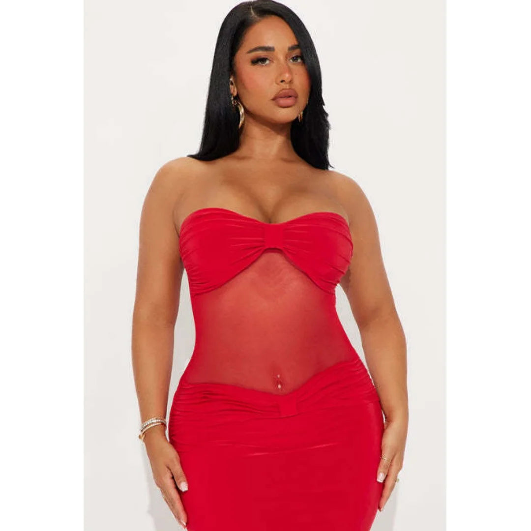 Fashion Trendy Strapless Sheer Long Elegant Dress (2 colors available)